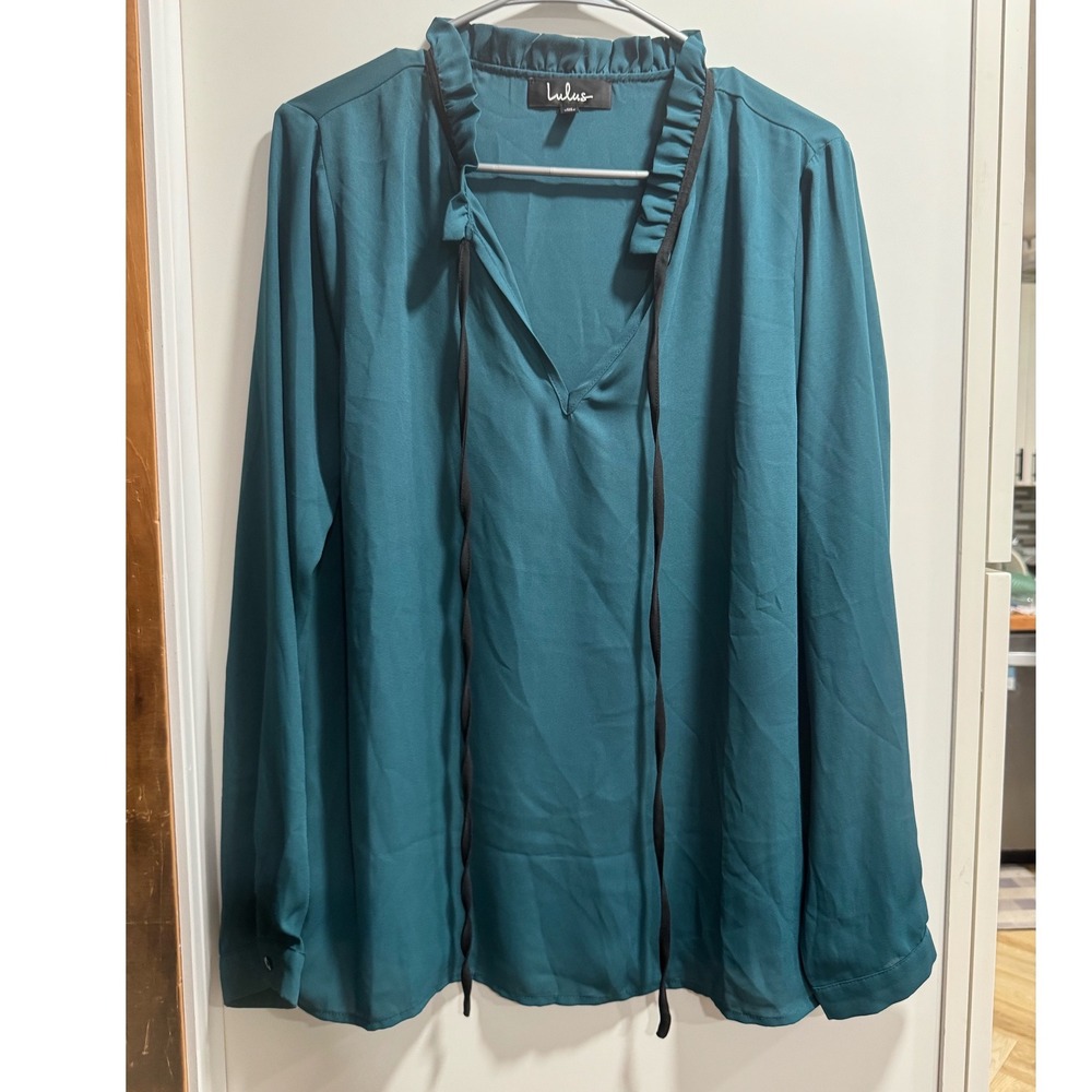 Lulus Teal Green Ruffle Neck Tie Front Long Sleeve Blouse T60636 Womens M
